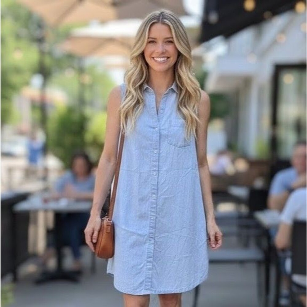 Cotton Denim Shift Dress Chambray Oversized Small Side Pockets Sleeveless